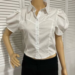 Women's White Puff-Sleeve Button-Down Blouse